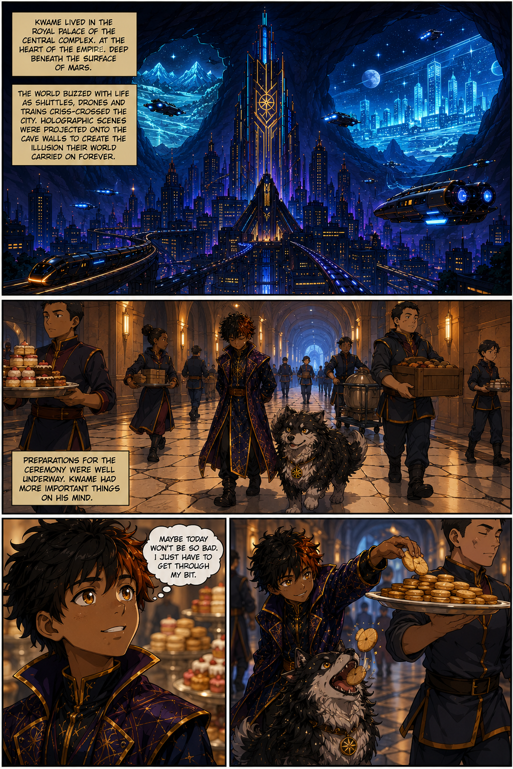Chapter 4, page 1: Panel 1
A vast underground city built into a cave on Mars. Towers rise from the cavern floor, lit in deep blues, purple...
