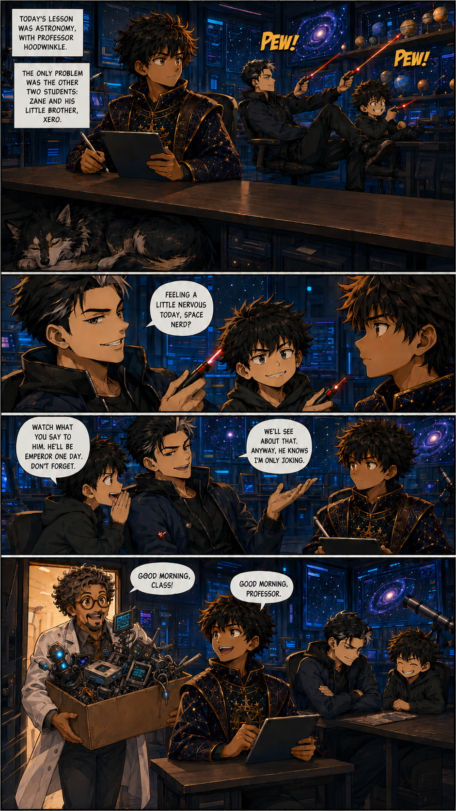 Chapter 4, page 2: Here's the alt text for each panel:

Panel 1A
The interior of a futuristic astronomy classroom. The walls are lined w...
