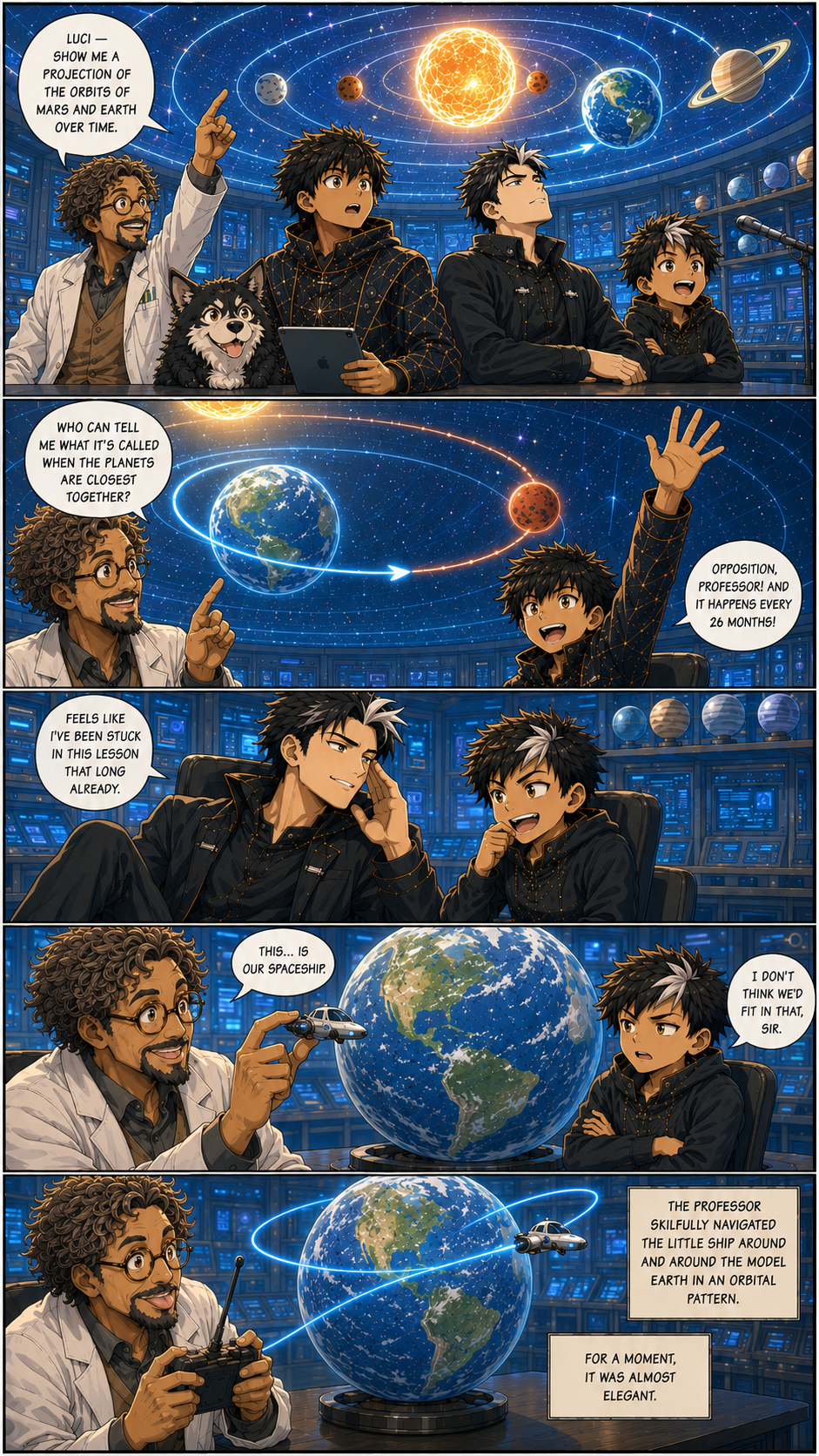 Chapter 4, page 3: PANEL 1:
The entire ceiling erupts into a breathtaking 3D projection: the solar system spinning overhead — the blazing...