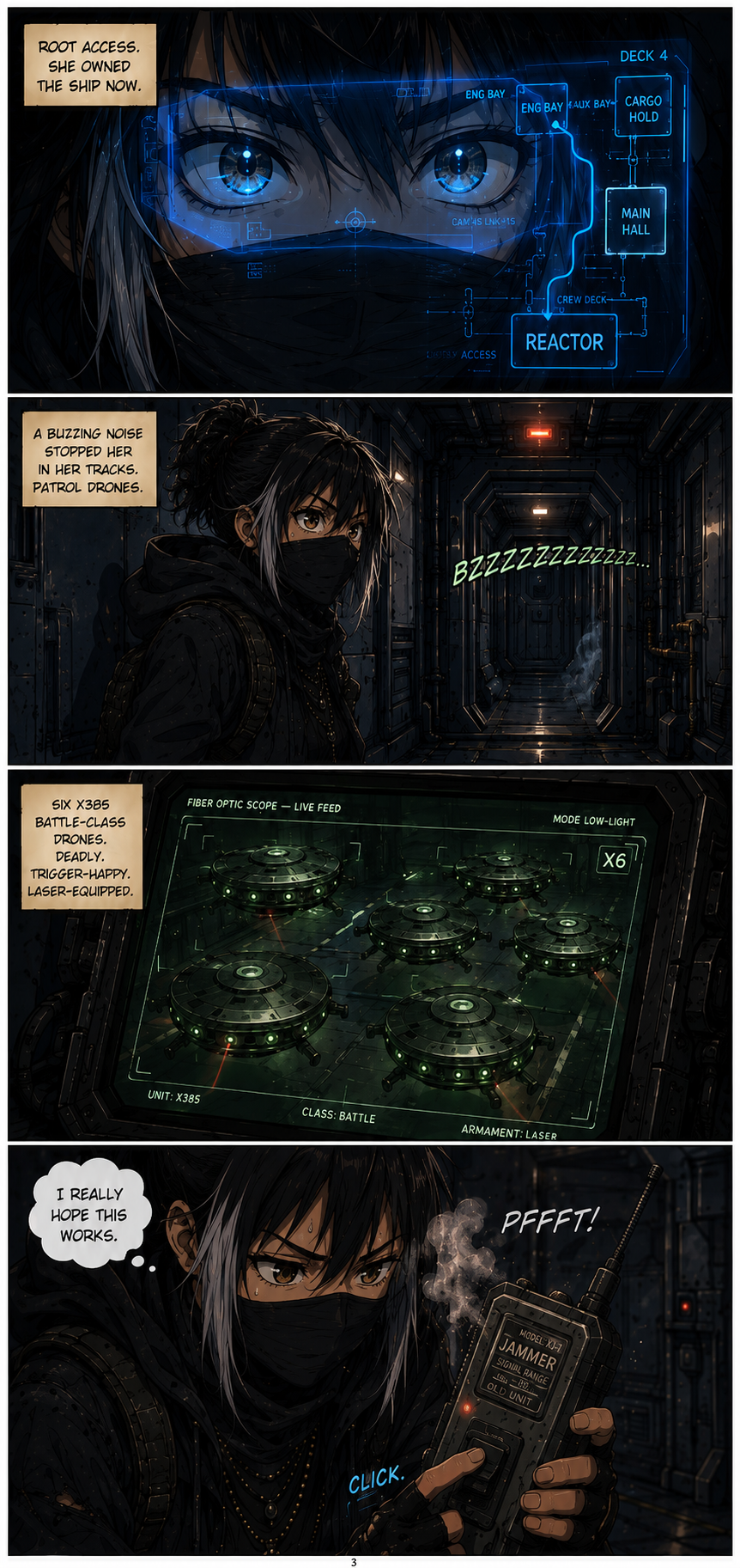 Chapter 5, page 3: PANEL 1:
VISUAL: Her visor's HUD reflected in her eyes — a glowing map of the ship's interior. A blue line traces a rou...