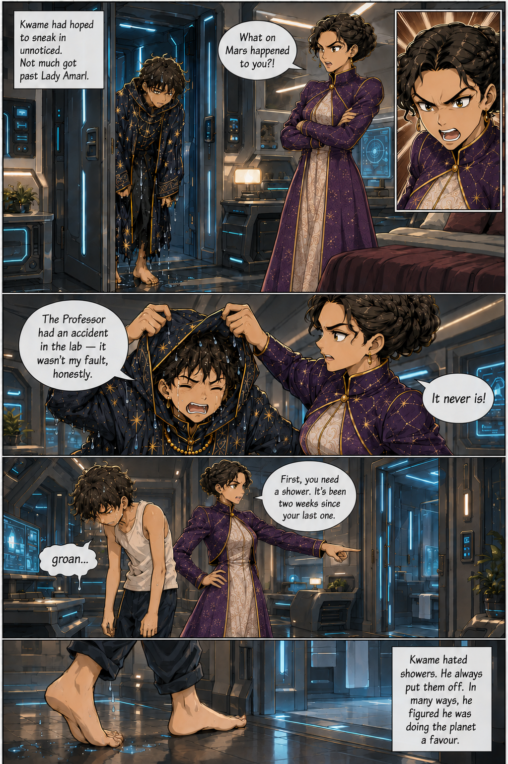 Chapter 6, page 1: PANEL 1: Wide shot of a bedroom doorway. KWAME — a teenage boy, wearing a stained, bedraggled robe — sheepishly edges th...