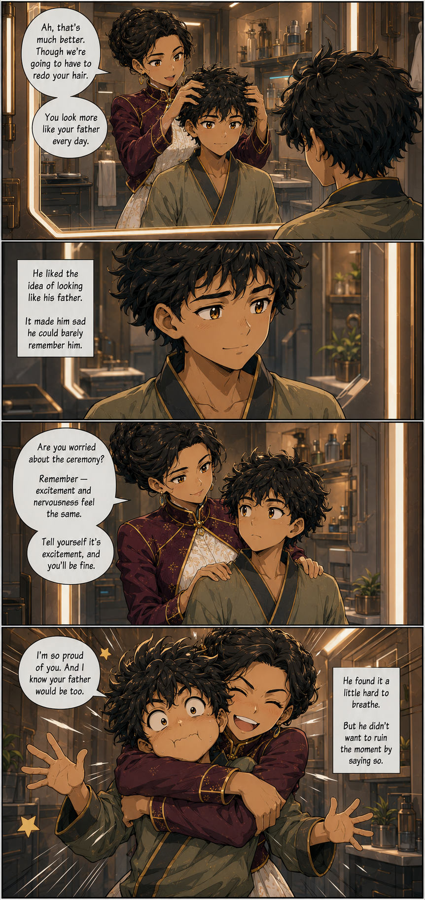 Chapter 6, page 3: PANEL 1: Kwame stands before a mirror in a clean but clearly unfashionable replacement robe. Lady Amarl stands behind hi...