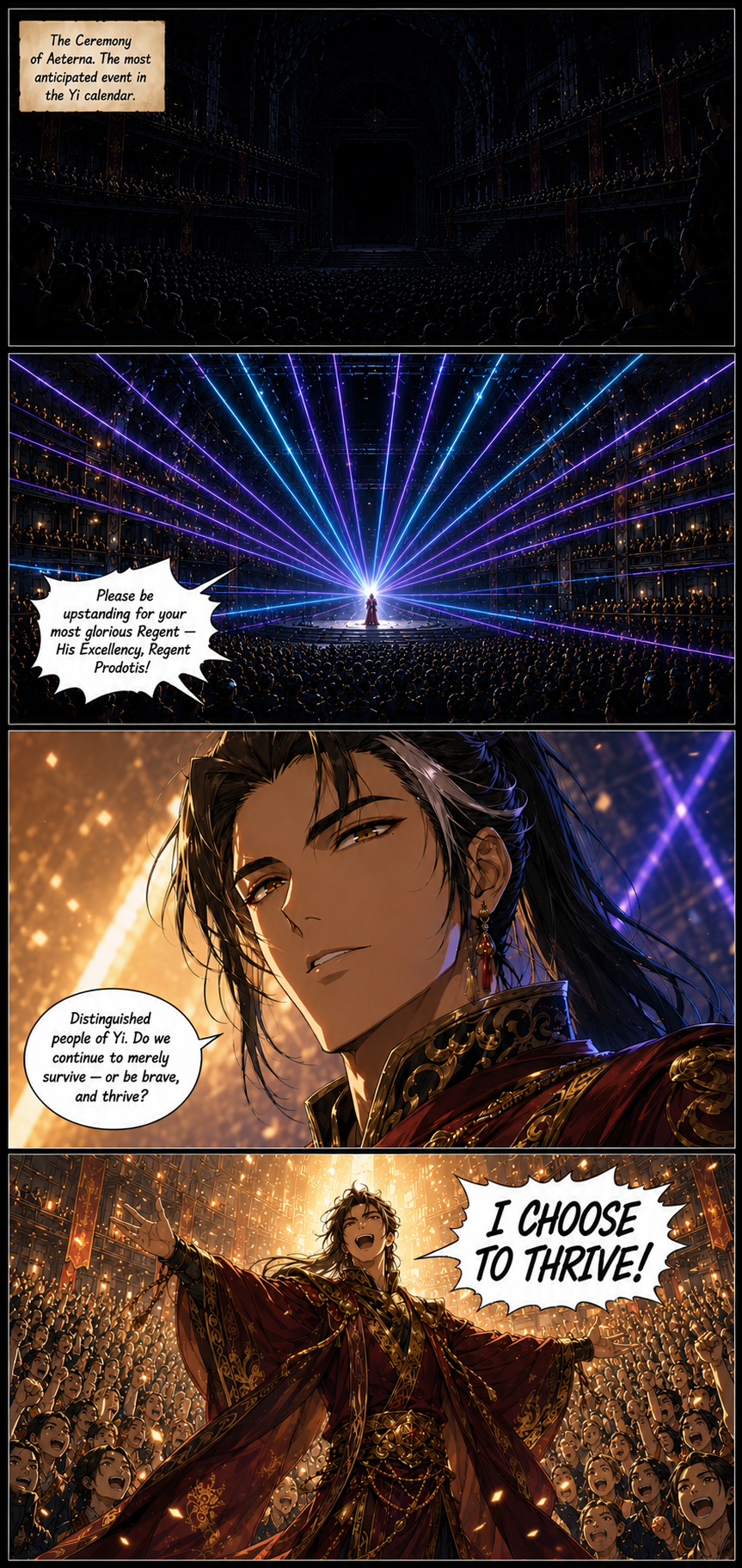 Chapter 7, page 1: PANEL 1:
Wide shot. The vast cathedral-like chamber packed with crowds on gantries and walkways. The room is suddenly p...