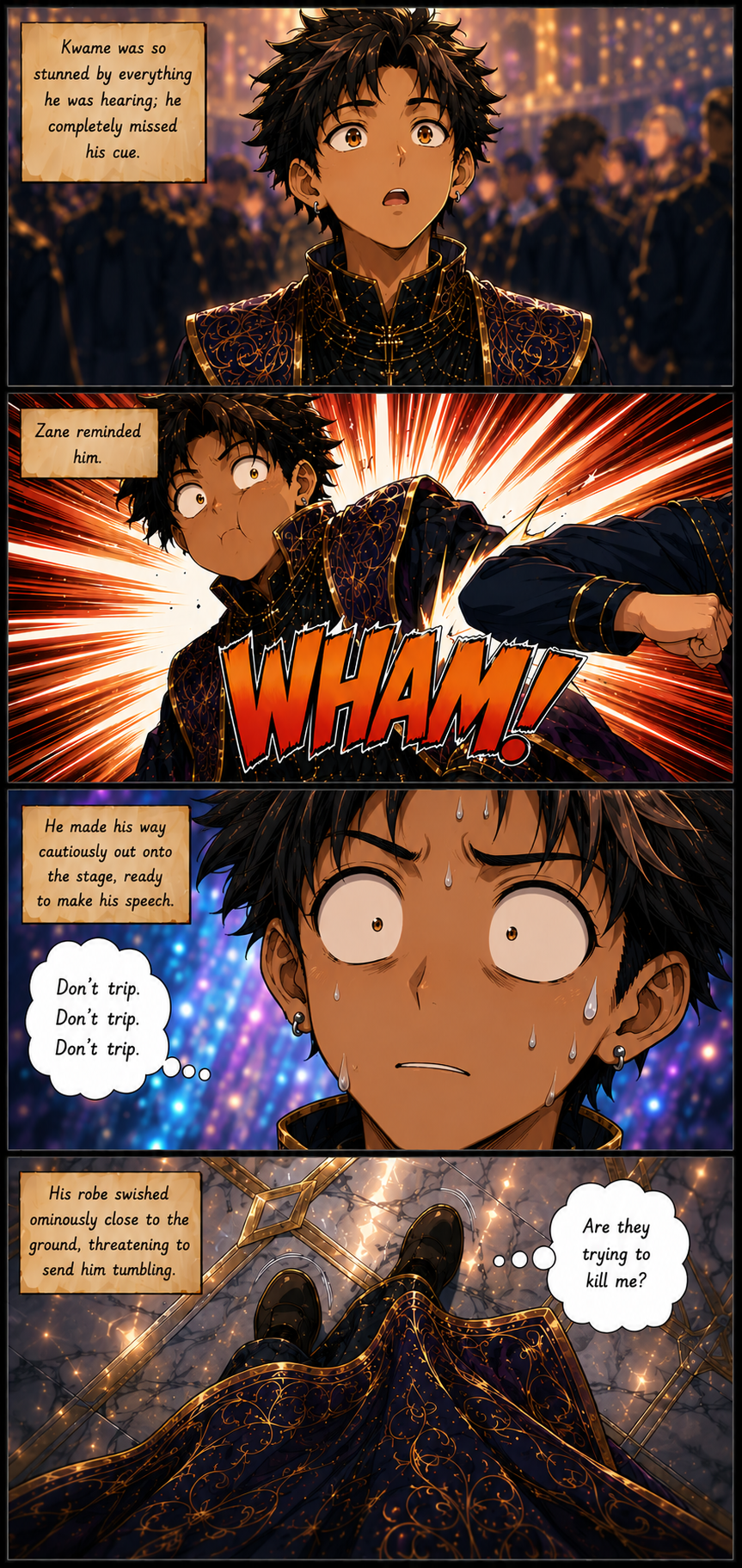 Chapter 7, page 3: Here are the accessibility-friendly captions for these four panels:

PANEL 1 — TOP OF PAGE
[IMAGE DESCRIPTION: Kwame...