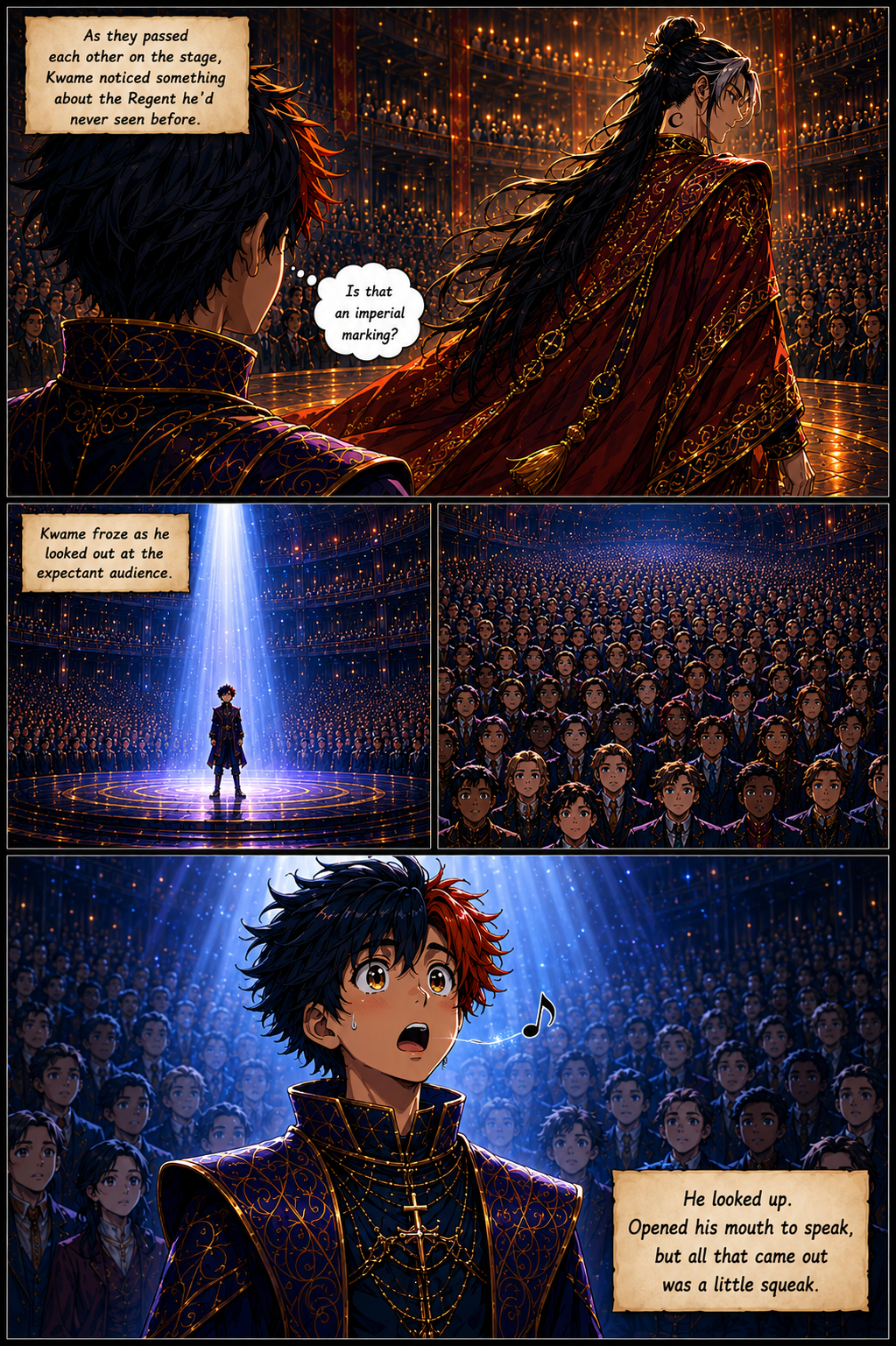 Chapter 7, page 4: Panel 1
View from just behind Kwame's shoulder. Regent Prodótis walks past him across the stage, his gold and red robes...