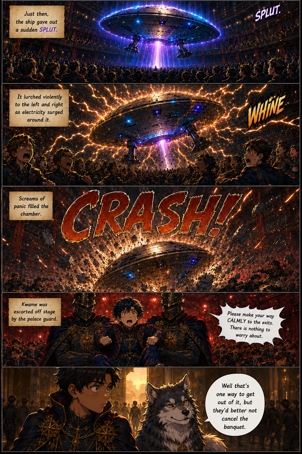 Chapter 7, page 5: Panel 1
The Soteria hovers peacefully above the stage, bathing the chamber in soft multicoloured light. Everything is c...