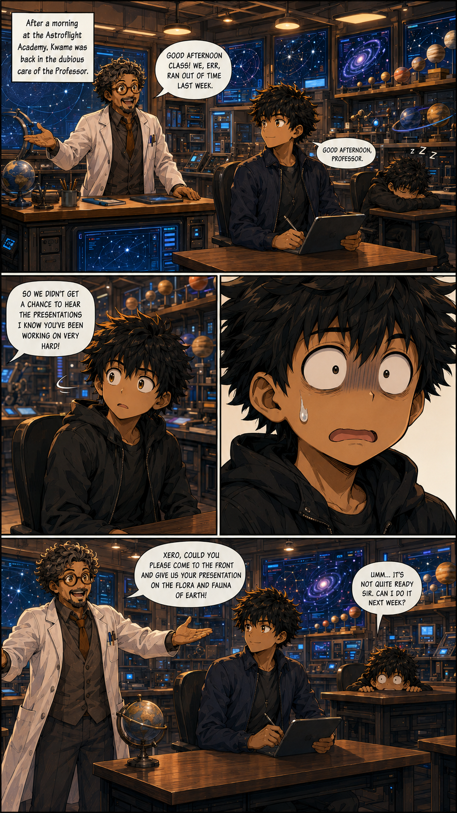 Chapter 8, page 1: Panel 1

A wide shot of a repaired classroom. Professor Hoodwinkle, an eccentric teacher, stands at the front smiling...
