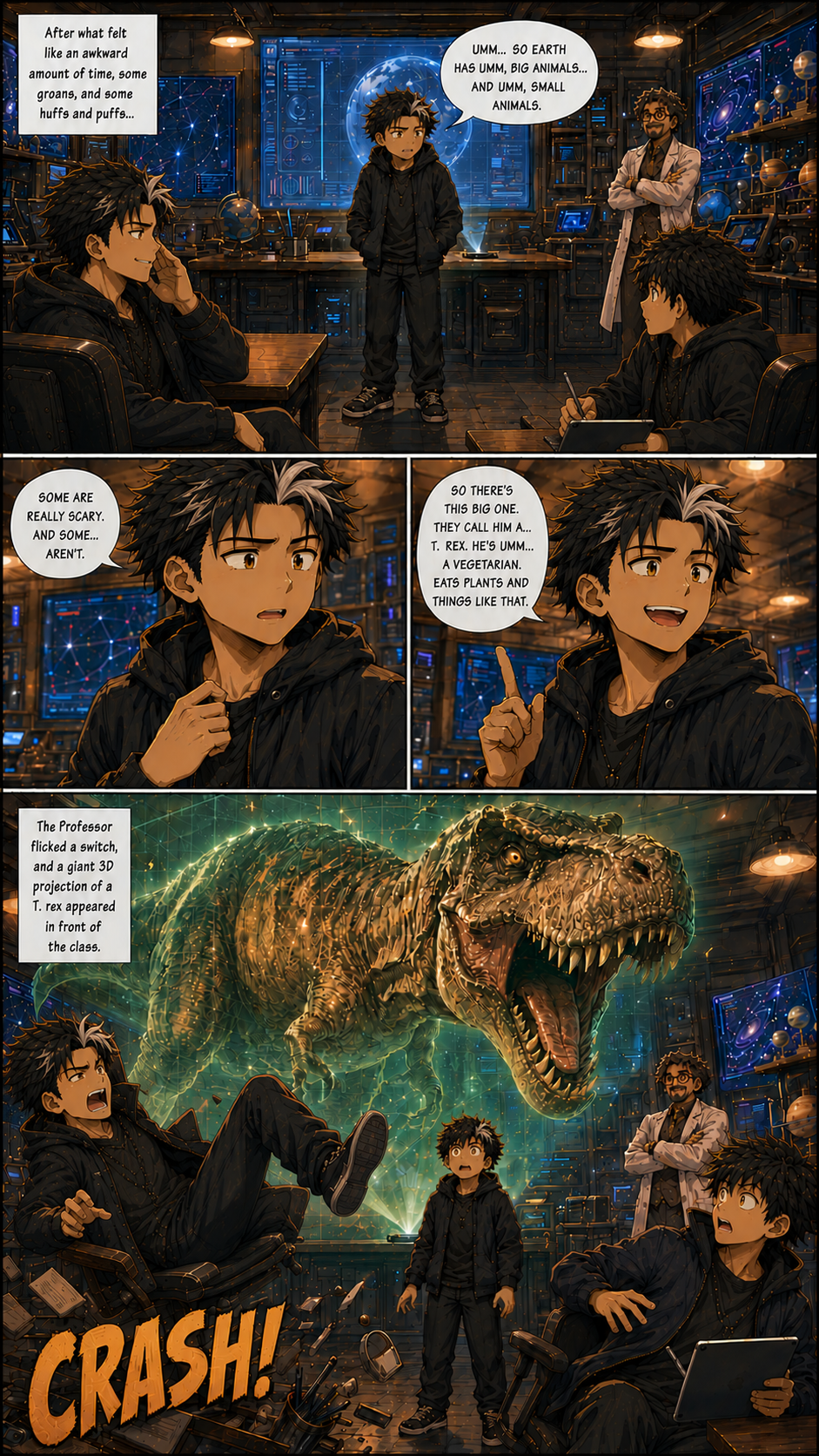 Chapter 8, page 2: Panel 1

A wide medium shot of the classroom. Xero stands hunched at the front, visibly uncomfortable, glancing desper...